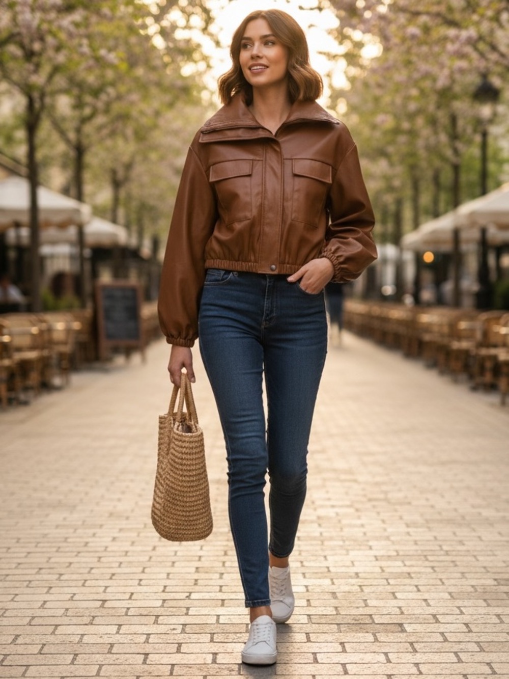 Ci Sono Cropped Chestnut Faux Leather Jacket
